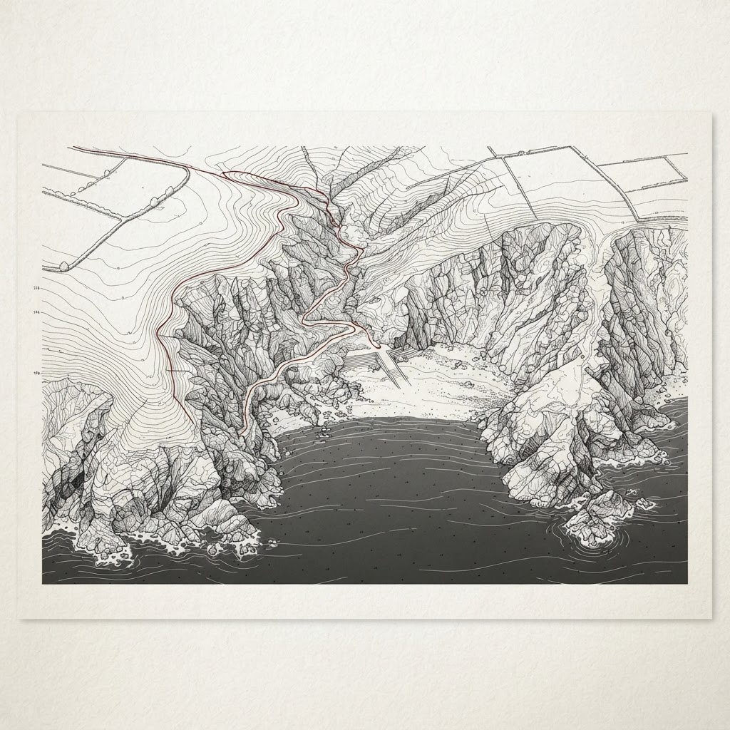 Line-art survey drawing of a Welsh coastal cove with a path marked in red