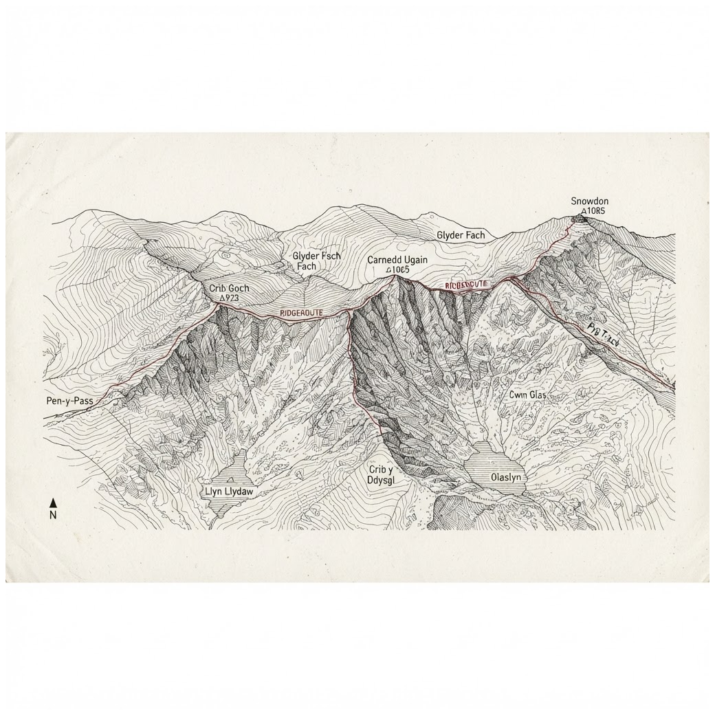 Line-art survey drawing of a Welsh mountain ridge with a single route marked in red