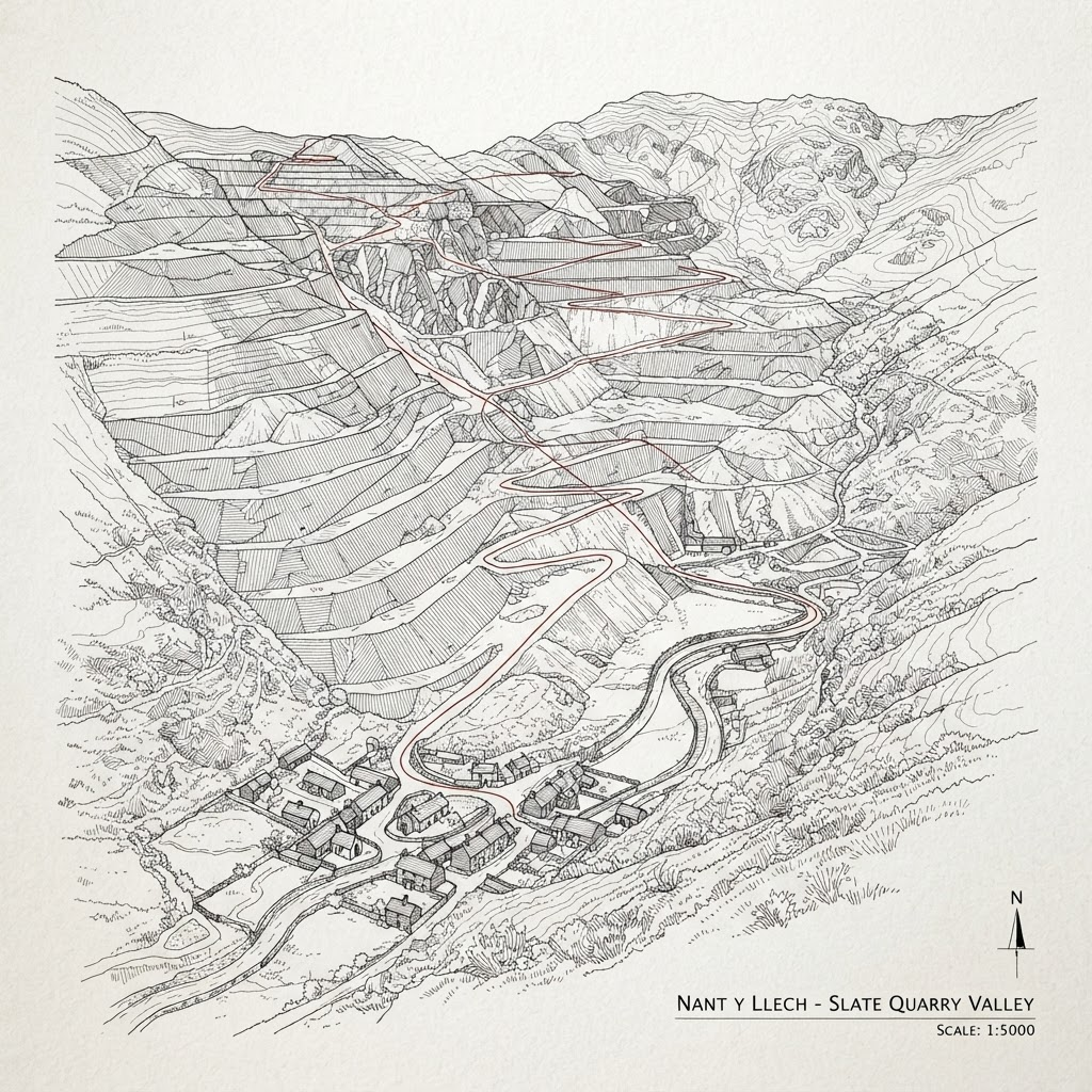 Line-art survey drawing of a Welsh slate quarry valley with a track marked in red